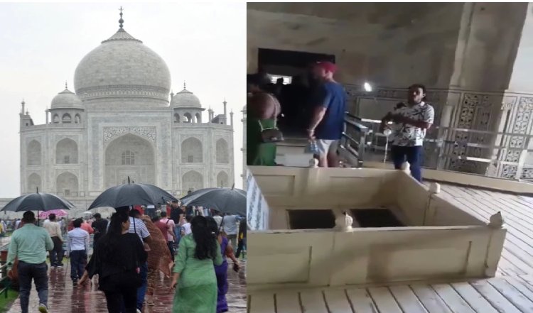 Taj Mahal के मुख्य मकबरे में चढ़ाया गंगाजल, लगाई ओम का स्टीकर भी चिपकाया, लगाए हर हर महादेव के नारे